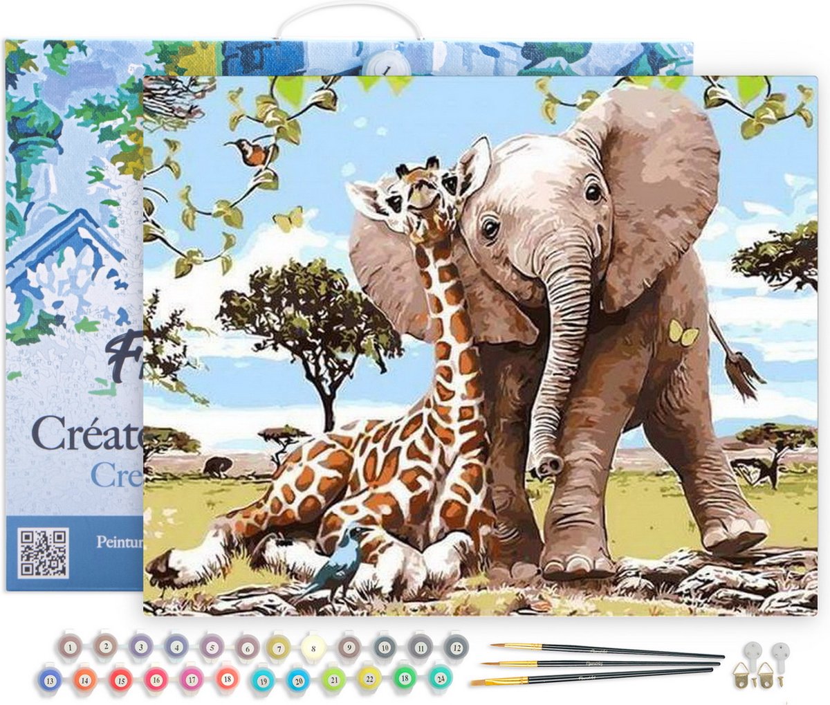 FiguredArt Schilderen op Nummer Volwassenen met lijst - Olifant & Giraffe vrienden - Handwerk acrylverf Kit DIY Compleet - 40x50cm Canvas al ingelijst